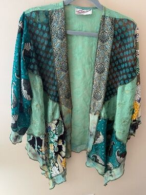 Vintage 90s Sterling Styles Patchwork Kimono Jacket green *flaw* hole